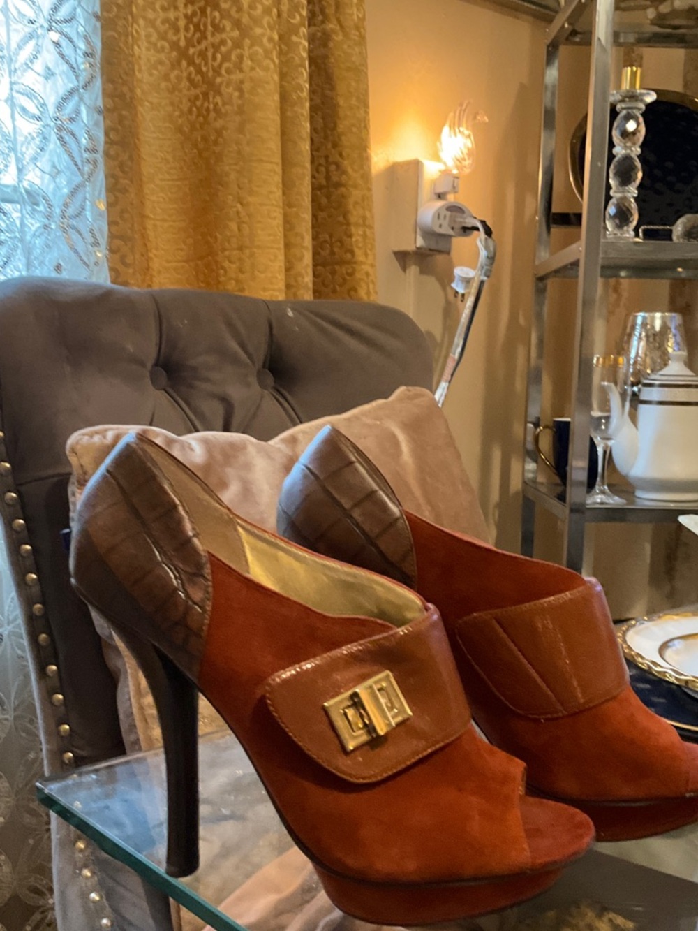 Women's Burnt Orange Suede Peep-Toe Platform Heels with Gold Accent